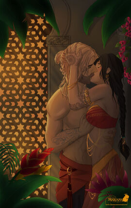 amarna beard belly_dancer belly_dancer_outfit black_hair breast_grab breasts dancer dancer_outfit female fingers_in_hair groping_breasts harem_boy harem_girl harem_outfit kissing lovers male muscular muscular_male original original_characters slave slave_boy slave_girl tears white_hair