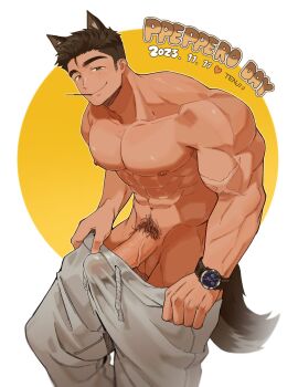 1boy balls bara boner bulge bulge_through_clothing clothing erection male male_focus male_nipples male_only male_pubic_hair muscular muscular_male nipples penis penis_outline pubic_hair solo solo_male sweatpants ten_g89 tenji_(ten_g89) yaoi