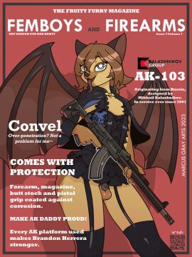 1boy 2023 4_fingers ak-103 ak_platform anthro balls bat chastity_cage chastity_device clothed clothing convel_agonicil cover crossdressing crossdressing_male dress english_text femboy femboys_and_firearms fingers flat_chastity_cage genitals hi_res holding_object holding_ranged_weapon holding_weapon magazine_cover male male_only mammal marcus_gray megabat meme qr_code ranged_weapon solo text tongue tongue_out trigger_discipline weapon