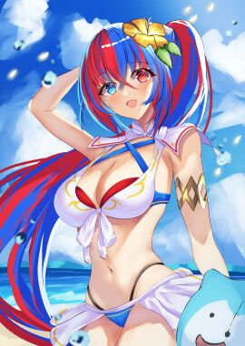 1girls absurdres alear_(female)_(seaside_dragon)_(fire_emblem) alear_(fire_emblem) alear_(fire_emblem)_(female) alternate_costume alternate_hairstyle arerex arm_behind_head beach bikini blue_bikini blue_eyes blue_hair blue_sky blue_swimsuit breasts cleavage cloud cloudy_sky criss-cross_halter crossed_bangs female female_only fire_emblem fire_emblem_engage fire_emblem_heroes flower gold_armlet hair_flower hair_ornament halterneck heterochromia high_ponytail highres large_breasts long_hair multicolored_bikini multicolored_clothes multicolored_hair multicolored_swimsuit nintendo ocean official_alternate_costume official_alternate_hairstyle open_mouth ponytail red_bikini red_eyes red_hair red_swimsuit sand sky solo sommie_(fire_emblem) split-color_hair swimsuit two-tone_hair very_long_hair white_bikini white_swimsuit yellow_flower