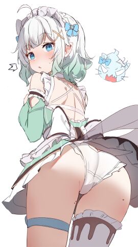 ahoge ass bangs bare_shoulders blue_eyes blush bow cowboy_shot detached_sleeves dress eyebrows_visible_through_hair female frills from_behind hair_ornament hairbow leg_garter long_sleeves looking_at_viewer looking_back maid maid_headdress mint_fantome multicolored_hair orobou panties pleated_skirt puffy_sleeves silver_hair simple_background skirt sleeveless solo standing striped sweat thigh_gap thigh_strap thighhighs underwear virtual_youtuber white_background white_panties