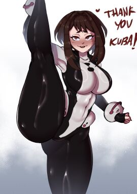1girls ass big_ass big_breasts bodysuit boku_no_hero_academia breasts brown_hair deadcloud female flexible flexible_female hero_outfit_(mha) heroine huge_ass jpeg large_ass latex looking_at_viewer looking_back my_hero_academia ochako_uraraka ochako_uraraka_(hero_outfit) peace_sign plain_background pose posing_for_the_viewer short_hair simple_background speech_bubble splits vertical_splits voluptuous voluptuous_female