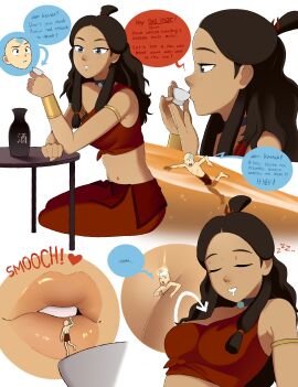 1boy 1girls aang absurd_res absurdres armlet avatar_legends avatar_the_last_airbender bald bare_arms bare_midriff blue_eyes breast_entrapment breasts brown_hair choker clothing crop_top cup drinking drooling drunk drunk_bubble falling_asleep female female_focus fire_nation front-tie_top giantess gold_jewelry hair_ornament hair_over_shoulder half-closed_eyes jewelry katara lips long_hair macro male medium_breasts micro midriff nickelodeon nicktoons parted_lips punishedmosquito sake sake_bottle sake_cup shrunken_male sitting skinny sleeping smiling stuck_in_breasts tan-skinned_female tan_body tan_skin tied_hair wavy_hair white_background
