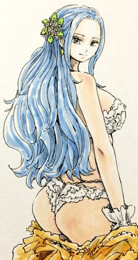 alternate_costume ass bare_shoulders blue-haired_female blue_hair closed_mouth commentary_request eyelashes female female_only flower grey_eyes hair_flower hair_ornament highres long_hair looking_back nefertari_vivi one_piece puipui puipui_(gamename) simple_background solo white_background