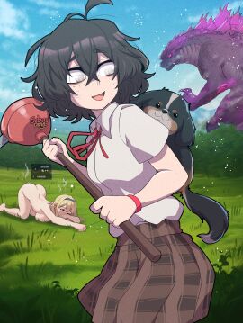 ass black_hair blind blind_eye blind_girl_(popopoka) blonde_girl_(popopoka) blonde_hair canine defeated_heroine erika_(popopoka) female fortnite freckles godzilla grass_field hairband nude nude_female school_uniform sebasdono sophie_(popopoka)