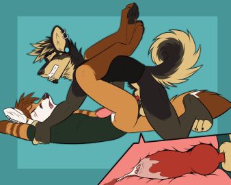 5:4 anal anal_sex animal_genitalia animal_penis anthro ass black_body black_fur bodily_fluids brown_body brown_fur caim_(evilfawx) canid canine canine_genitalia canine_penis canis casparr clenched_teeth closed_eyes clothed clothing crossed_legs cum cum_in_ass cum_inside cumshot curled_tail domestic_dog duo ear_piercing ejaculation facial_piercing fox from_front_position fur genital_fluids genitals german_shepherd green_eyes hand_behind_head hands_behind_head herding_dog holding_partner internal knotting legs_up lying male male/male mammal missionary_position no_underwear nose_piercing on_back open_mouth orange_body orange_fur pastoral_dog penetration penile penis piercing scar sex simple_background tail tanen_(evilfawx) teeth white_body white_fur