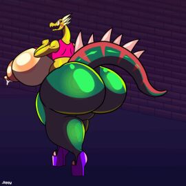2024 animated anthro ass axel_in_harlem big_ass big_breasts big_butt bodily_fluids breast_milking breasts clothing debbie_dumptruck_(jiqqy) dracozolt female footwear fossil_pokemon generation_8_pokemon high_heels huge_ass huge_breasts huge_butt jiqqy lactating loop meme nintendo platform_heels pokemon pokemon_(species) running shirt shoes solo source_request street tail topwear walking yellow_body