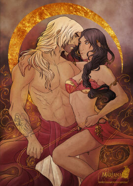 abs amarna beard belly_dancer belly_dancer_outfit black_hair cleavage dancer dancer_outfit female fit fit_male harem_boy harem_girl harem_outfit long_hair male muscular muscular_male sarong scar slave slave_boy slave_girl white_hair