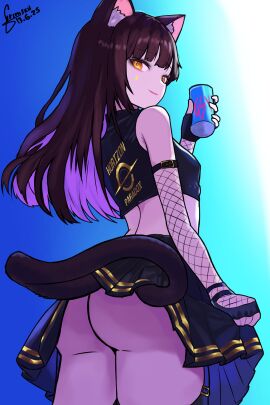 big_ass black_skirt breasts brown_hair cat_ears cat_tail crop_top female fishnet_gloves flashing grimskii long_hair makeup orange_eyes original skirt skirt_lift small_breasts soda_can