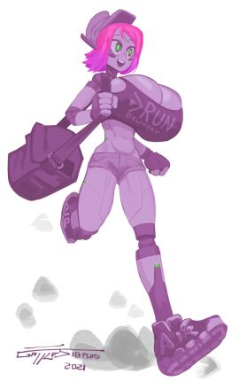 1girls big_breasts breasts female gattles mre_(gattles) original pink_hair robot_girl running skinny small_ass tank_top top_heavy