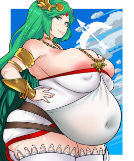 1girls areola_slip bbw breasts cleavage darksideb fat_fetish female female_only gigantic_breasts green_hair huge_belly huge_breasts looking_at_viewer nintendo overweight overweight_female palutena revealing_clothes solo solo_female standing tight_clothing
