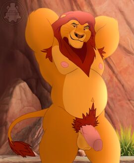anthro anthrofied armpit_hair balls bara body_hair dilf disney felid feline flaccid fur furry genitals hair hands_behind_head hi_res himbo humanoid_genitalia humanoid_penis lion looking_at_viewer male mammal mane mufasa musclegut muscular muscular_male naked navel nipples nude pantherine penis pin-up pinup pinup_pose pose raised_arm red_eyes red_hair red_mane riley_morningstar slightly_chubby smile smirk solo standing stud tail tail_tuft tan_body tan_fur the_lion_king thelionking tlk tuft watermarked_at_source yaoi