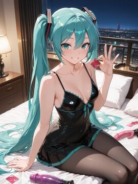 ai_generated bed condom dildo female happy hatsune_miku sexy