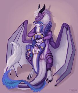 absurd_res animal_genitalia anus closed_eyes cuddling deanosaior dorsal_fluff dragon duo emmalyn_(callafox) face_lick female feral fluffy fluffy_tail fur fur_markings furred_dragon furred_scalie genital_slit genitals hi_res hug juli_(minijuli) larger_female licking lying male male/female mane markings membrane_(anatomy) membranous_wings mythological_creature mythological_scalie mythology on_back pawpads paws purple_body purple_eyes purple_fur scalie size_difference smaller_male smile spread_legs spreading tail tongue vulva wings