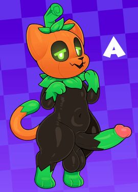 2024 3_toes acstlu animated anthro balls big_penis black_body black_nose black_sclera cel_shading checkered checkered_background digital_media_(artwork) digitigrade dipstick_tail domestic_cat elemental_creature erection feet felid feline felis feral flora_fauna food food_creature for_a_head foreskin fruit full-length_portrait genitals green_eyes green_paws half-closed_eyes hi_res huge_cock humanoid_genitalia humanoid_penis looking_at_viewer male male_only mammal markings multicolored_body multicolored_penis multicolored_tail narrowed_eyes navel nude object_head open_mouth orange_head pattern_background penis plant portrait pumkat pumpkin pumpkin_head purple_background retracted_foreskin semi-anthro shaded simple_background slightly_chubby solo solo_male standing tail tail_markings thick_thighs three-quarter_view toes uncircumcised wide_hips