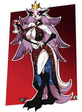 1girls absurd_res anthro avian big_breasts bird breasts crown demon drink female furry hand_on_hip hellaverse helluva_boss hi_res long_hair looking_at_viewer mature_female milf owl owl_demon rhunter13 solo source_request stella_(helluva_boss)