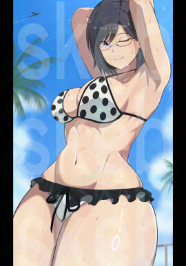 1girls aircraft airplane armpits arms_behind_head beach big_breasts bikini black_hair blue_eyes breasts busty child_bearing_hips cleavage confident curvy female female_only glasses hi_res highres konori_mii large_breasts looking_at_viewer navel one_eye_closed pose posing seductive seductive_look seductive_smile sexy sexy_armpits sexy_pose short_hair smile solo sweat swimsuit thick_thighs thighs to_aru_kagaku_no_railgun to_aru_majutsu_no_index voluptuous white_bikini wide_hips
