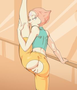 1girls anus ass bichrom female gem_(species) looking_back pale_skin pearl_(steven_universe) pussy short_hair shorts sleeveless solo steven_universe stretching torn_clothes torn_pants vertical_splits