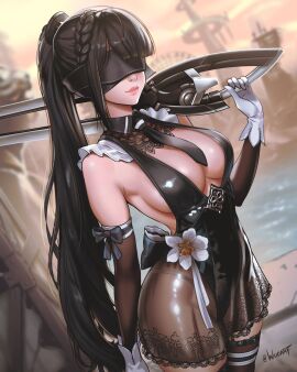 1girls black_gloves black_hair black_leotard black_necktie black_skirt black_thighhighs blindfold blood_edge_(stellar_blade) blunt_bangs bodysuit braid breasts closed_mouth commentary elbow_gloves eve_(stellar_blade) female gloves highres holding holding_sword holding_weapon large_breasts leotard lips long_hair looking_at_viewer necktie nier:_automata nier_(series) outdoors ponytail see-through_clothes see-through_skirt sideboob single_braid skirt smile solo stellar_blade sword thighhighs very_long_hair weapon white_gloves wuoarf yorha_2b_(cosplay) yorha_unofficial_ceremonial_attire_(stellar_blade)