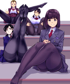 4girls black_hair brown_hair feet feet_up female from_front_position multiple_females multiple_girls panties pantyhose school_uniform sitting smiling stairs upskirt