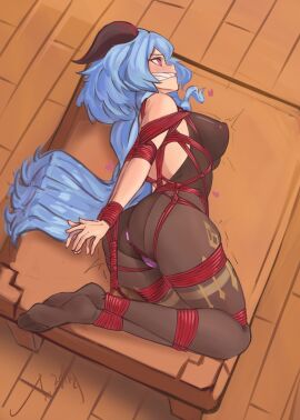 anal anal_object_insertion arms_behind_back ass backless_leotard bare_shoulders black_leotard black_pantyhose blue_hair bodystocking bondage bound bound_ankles bound_arms bound_legs bound_thighs bound_torso bound_wrists breast_bondage breasts cleave_gag cloth_gag covered_nipples crotch_rope dongyunqing egg_vibrator feet female femsub full_body gag gagged ganyu_(genshin_impact) genshin_impact goat_horns highres hogtie horns improvised_gag large_breasts leotard long_hair low_ponytail lying no_gloves no_shoes on_table pantyhose pokies pussy pussy_juice red_rope restrained rope sex_toy shibari shibari_over_clothes solo table thighband_pantyhose thighlet tight_bound_waist vaginal_object_insertion vaginal_penetration very_long_hair vibrator