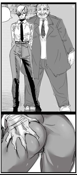 1boy 1girls 2d artist_request ass ass_grab business_suit business_woman chainsaw_man edit emotionless expressionless eyepatch fat_ass fat_male female ignoring indifferent kishibe_(chainsaw_man) male necktie no_sex old_male quanxi_(chainsaw_man) smile smiling ugly_bastard