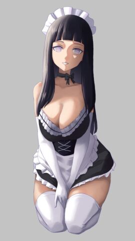 1girls big_breasts blue_hair boruto:_naruto_next_generations breasts choker cleavage eggtartart elbow_gloves female gloves grey_background hands_between_legs hyuuga_hinata kneeling light-skinned_female light_skin long_hair looking_at_viewer maid maid_headdress maid_uniform milf naruto naruto_(series) naruto_shippuden opera_gloves smile smiling stockings thick_thighs thigh_highs