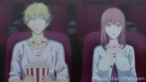 1boy 1boy1girl 1girls background blonde_hair blowjob blush chainsaw_man cum cum_in_mouth denji_(chainsaw_man) english_text fellatio grabbing_ass japanese_dialogue long_hair longer_than_30_seconds longer_than_one_minute loose_hair makima_(chainsaw_man) maplestar orange_eyes pink_hair sound tagme theater video white_shirt