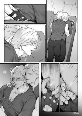 2boys bara dante_(devil_may_cry) devil_may_cry devil_may_cry_(series) devil_may_cry_5 facial_hair fingerless_gloves gloves greyscale groping hand_under_clothes handsome highres incest indoors jksg2 large_pectorals lying lying_on_person male male_focus monochrome multiple_boys multiple_males muscular muscular_male nipple_stimulation nipple_tweak on_stomach open_mouth pants pectorals shirt short_hair stubble textless_version vergil_(devil_may_cry) yaoi