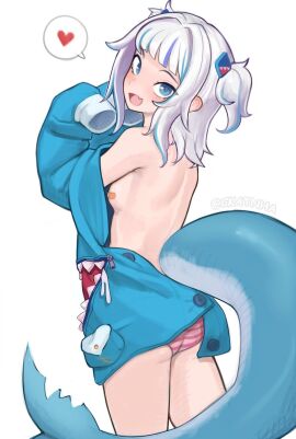 1girls bandaid bandaids_on_nipples blue_eyes blue_hair blush ckatnha female gawr_gura heart hololive hololive_english hololive_myth hoodie looking_back oerba_yun_fang open_clothes open_hoodie panties partially_clothed rear_view shark_girl shark_tail short_hair solo solo_female striped_panties tail twintails virtual_youtuber vtuber white_hair