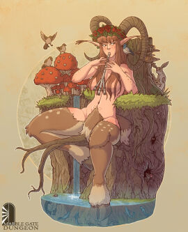breasts brett_neufeld fantasy faun female flute hair_covering_breasts hooves horns marble_gate_dungeon nude outdoors pinup pointy_ears