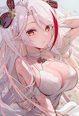 antenna_hair azur_lane bare_shoulders blush breasts cg choker cleavage collarbone cross dress female hair_between_eyes hair_ornament iron_cross large_breasts long_hair looking_at_viewer mole mole_on_breast multicolored_hair official_alternate_costume orange_eyes parted_lips petals prinz_eugen_(azur_lane) red_hair solo streaked_hair swept_bangs two_side_up upper_body very_long_hair wedding_dress white_dress white_hair