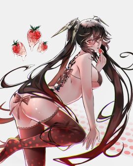 1girls bikini black_hair breasts eating female long_hair lucia_(punishing:_gray_raven) medium_breasts punishing:_gray_raven red_eyes red_hair robot_girl strawberry thighhighs twintails