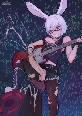 1boy 2024 balls boots bunny_ears choker cum cumshot electric_guitar erect_penis femboy final_fantasy final_fantasy_xiv frenum_piercing girly glasses guitar hi_res jackrockhardt long_penis male male_only pantyhose penis penis_out penis_piercing playing_guitar red_eyes shorts solo taiyo_akari tank_top teeth_clenched torn_pantyhose viera white_hair