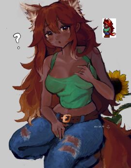 :o ? animal_ears belly big_breasts breasts clothed dark-skinned_female dark_skin digital_media_(artwork) female fluffy_hair fox_ears fox_tail jeans long_hair minti3tea mole mole_under_eye navel question_mark red_hair solo solo_female tank_top terraria zoologist_(terraria)