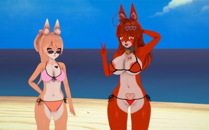 3d 3d_model beach bikini blonde_hair charastudio clothed clothed_female female furry furry_ass furry_ears furry_female koikatsu micro_bikini original_character peace_sign red_fur red_hair red_lipstick sisters tatoos yellow_eyes yellow_fur
