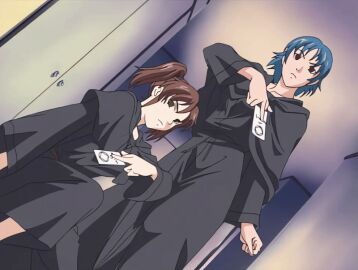 00s 2001 3girls amatsuki_jun animated bible_black bible_black_night_of_the_walpulgiss blonde_hair blue_hair brown_hair female fire flame_print high_ponytail kurimoto_maki magic_seal multiple_girls ponytail purple_eyes purple_fire red_eyes ritual robe saeki_kaori short_hair tagme twintails yellow_eyes