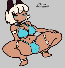 1futa bikini blue_eyes cat_ears cjao_07 dark-skinned_female dark_skin female futa_only futanari hairy hairy_pussy intersex nadia_fortune naked naked_female necklace pussy scars self_upload short_hair skullgirls solo squatting white_hair
