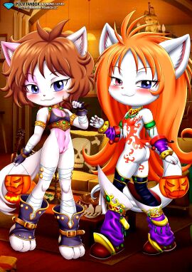 2girls anthro ass bbmbbf blush chani_(ajdurai) cousins cub diamond_level domestic_cat feline female female_only furry halloween little_tails looking_at_viewer palcomix pietros_secret_club pussy young zaya_(ajdurai)
