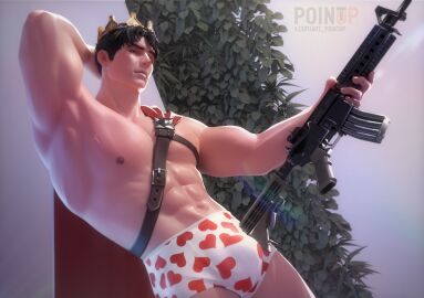 3d 3d_(artwork) 3d_render background biceps blender blender_(software) bodybuilder cloak clothing crown drawing eyes faceless_male gun gym hands-free heart human image king light_skin male muscles plant r34arts solo upper_body white_background