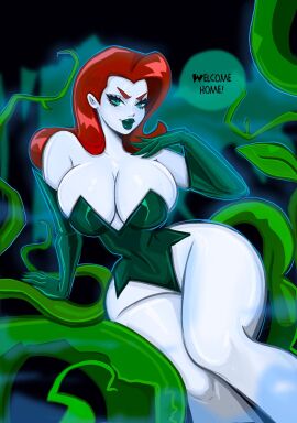 1girls bare_shoulders batman:_the_animated_series batman_(series) breasts busty cleavage curvy dc dc_comics dcau english_text female green_eyes green_lipstick huge_breasts hyper_thighs light-skinned_female light_skin massive_thighs pale-skinned_female pale_skin pamela_isley poison_ivy poison_ivy_(dcau) red_hair small_waist speech_bubble the_new_batman_adventures theartofmathew thick_thighs thighs thunder_thighs wide_hips