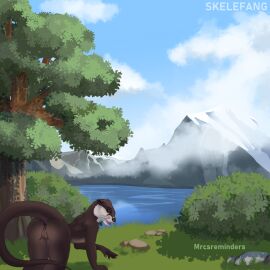 2024 all_fours anthro black_nose blue_sky brown_body brown_eyes brown_fur claws clitoris cloud collaboration colored female flat_chested fur genitals grass hi_res lake long_tail looking_at_viewer looking_back mammal marcaneg mountain mustelid nature nature_background nude original_character otter outside plant pussy rear_view rock round_ears shaded shrub skelefang sky smile solo tail tan_body tan_fur teasing teasing_viewer thick_tail tree whiskers white_body white_fur