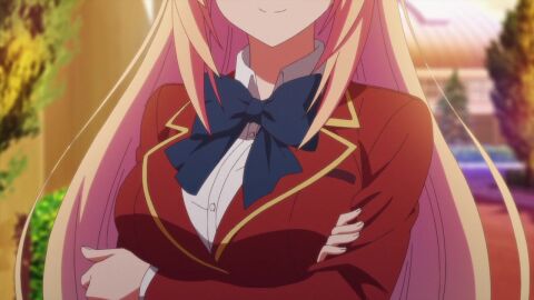 anime big_breasts blonde_hair bowtie breasts classroom_of_the_elite female huge_breasts ichinose_honami_(cote) long_hair school_uniform schoolgirl screencap uniform