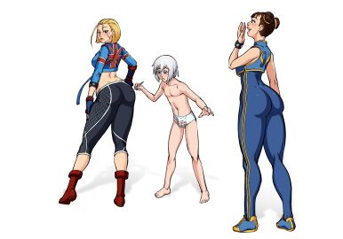 1boy 2girls balls cammy_white_(street_fighter_6) cfnm chun-li_(fortnite) clothed_female_nude_male embarrassed embarrassed_nude_femboy embarrassed_nude_male female femboy laugh laughing luna_(dreamyluna19) male only_one_naked penis reference ripped_clothing sketchlanza spongebob_reference street_fighter street_fighter_6 underwear