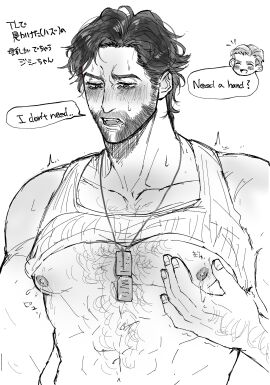 2boys arm_hair bara blush chest_hair closed_eyes clothes_lift deadpool dog_tags english_text facial_hair full-face_blush gay hairy hand_hair hand_on_own_chest immjb5x8u9akn7a james_howlett lactation large_pectorals logan_(x-men) male male_focus male_lactation marvel marvel_comics milk monochrome multiple_boys multiple_males muscular muscular_male nipples open_mouth pectorals short_hair solo_focus speech_bubble sweatdrop tank_top teeth wade_wilson wolverine_(x-men) x-men x-men_origins:_wolverine yaoi