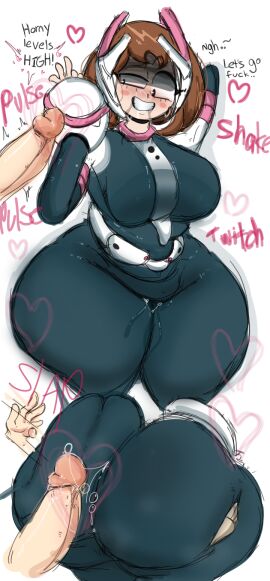 1boy 1girls ass big_ass big_breasts bodysuit boku_no_hero_academia breasts brown_hair dialogue drool female female_human groping hero_outfit_(mha) horny human light-skinned_female light_skin long_penis male my_hero_academia ochako_uraraka ochako_uraraka_(hero_outfit) penis precum slapping_butt solo007_(artist) superhero_costume superheroine teenage_female teenager thick_ass thick_thighs wet