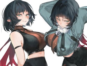 1girls adult adult_female animal_ears armband bare_shoulders big_boobs big_breasts black-haired_female black_hair black_shorts blunt_bangs breasts busty busty_female cropped_jacket female fur-trimmed_jacket fur_trim green-eyed_female green_eyes grin hand_behind_head hands_behind_head highres jacket jane_doe_(zenless_zone_zero) large_boobs large_breasts looking_at_viewer lucadark mature mature_female midriff mouse_ears mouse_girl multicolored_hair multiple_views parted_lips plump_breasts red_hair shorts smile smiley_face smiling smiling_at_viewer thick_thighs two-tone_hair zenless_zone_zero