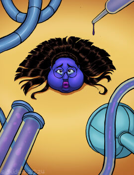 1girls black_hair blue_skin blueberry_inflation factory female glasses inflation lapis_abdelfattah long_hair puffed_cheeks sidkid44 spherical_inflation sunken_head syringe tagme the_factory_saga tubes what yellow_sweater