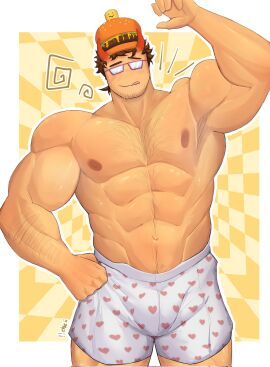 007n7 007n7_(forsaken) 1boy abs armpit_hair bara beard chest_hair facial_hair forsaken_(roblox) glasses horn horns looking_at_viewer male muscular muscular_male nipples pecs pectorals rebelliousmilk roblox roblox_game robloxian sweat sweating underwear underwear_only watermark white_underwear yaoi