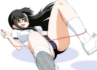 absurdres black_hair blue_eyes breasts buruma clumsy covered_nipples elf_k entangled female glasses gym_uniform highres jump_rope large_breasts long_hair open_mouth read_or_die resized socks solo third-party_edit upscaled yomiko_readman
